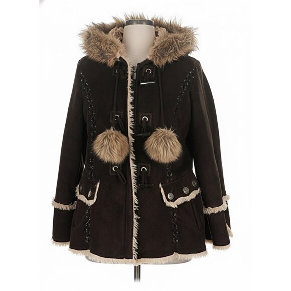 Vtg Y2K Esprit Brown Faux Suede Hooded Penny Lane Toggle Coat | Afghan Boho 1X - Picture 2 of 13